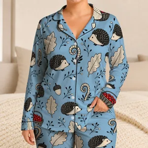 Woodland Hedgehog Acorn And Berry Motifs for Cozy Autumn Lounging at Home Gifts Satin Pajamas Set