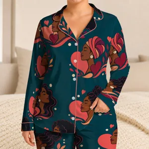 Stylized Women Portraits And Coral Hearts For Mother's Day Gifts And Cozy Nights Satin Pajamas Set