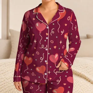 Coral Heart Balloon Motifs for Valentine's Day Romance and Relaxed Nights at Home Satin Pajamas Set