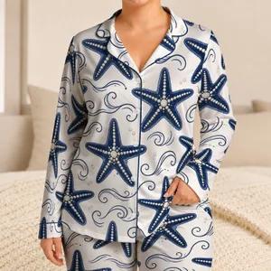 Navy Starfish And Ocean Swirls For Coastal Lounging Women Satin Pajamas Set