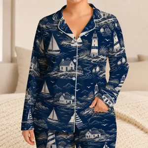 Nautical Lighthouse Sailboat Toile for Coastal Lounging and Seaside Gift Giving Satin Pajamas Set