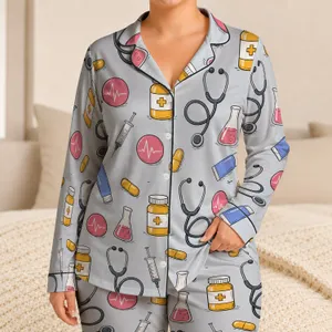 Hand Drawn Medical Icons for Nurse Nightwear and Relaxed Healthcare Lounge Style Wear Satin Pajamas Set