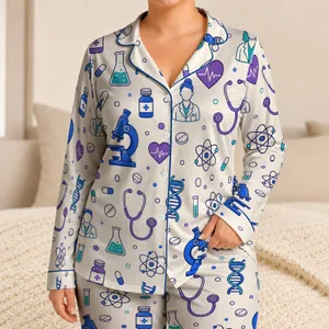 Cobalt Medical Science Icons For Healthcare Worker Relaxation And Nighttime Comfort Satin Pajamas Set