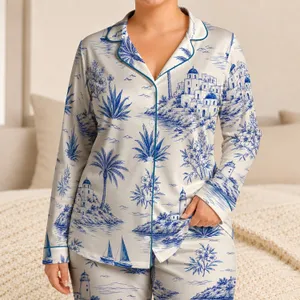 Mediterranean Coastline Blue Ink Motifs For Relaxed Resort Sleepwear Women Satin Pajamas Set
