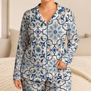Mediterranean Blue Ceramic Tile Motif For Relaxed Lounging At Home Plus Size Women Satin Pajamas Set