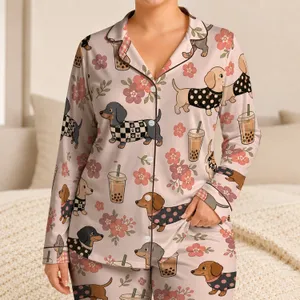 Dachshund Bubble Tea And Floral Motif for Cozy Bedtime Gifts for Women Dog Lovers Satin Pajamas Set