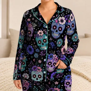 Colorful Sugar Skull Flowers Gothic Nightwear for Women Halloween Lounge Evenings Satin Pajamas Set
