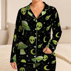 Retro Alien Flying Saucers And Crescent Moons For Cozy Nighttime Lounging Space Fans Satin Pajamas Set