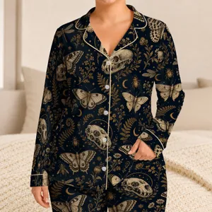 Vintage Moths Skulls And Botanical Night Motif For Gothic Sleepwear And Relaxing Satin Pajamas Set