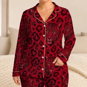 Bold Crimson Leopard Faces for Cozy Evening Lounge Style and Wild Cat Fashion Lovers Satin Pajamas Set