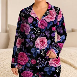 Romantic Fuchsia Rose Garden With Indigo Leaves For Cozy Nights And Bridal Lounging Satin Pajamas Set
