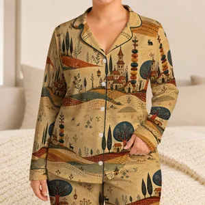 Whimsical Folk Art Cottage Landscape for Cozy Bedtime and Boho Gift Giving Lovers Satin Pajamas Set