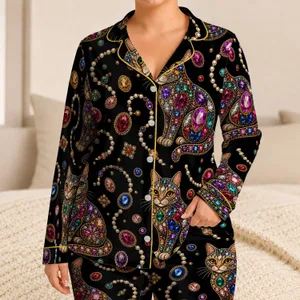 Four Jeweled Mosaic Cats for Cozy Cat Lover Nights, Relaxed Lounging, and Home Gifts Satin Pajamas Set