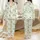 Women's Dinosaur Lovers' Whimsical Watercolor T-Rex Triceratops Mint Olive Green Tropical Leaf Pattern on White Satin Pajamas Set - 1