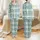Women's Dusty Teal Blue Tartan Plaid Whimsical Sleep Dream Celestial Pattern Satin Pajamas Set - 1