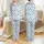 Women's Light Sky Blue & White Thin Vertical Stripe Whimsical Dark Navy Bows Satin Pajamas Set - 1