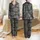 Women's Midnight Blue Taupe Beige Olive Green Folk Art Geometric Tribal Medallion Pattern Satin Pajamas Set - 1