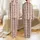 Women's Cozy Feminine Dusty Rose & Oatmeal Vertical Ribbed Stripe with Black Bow & Ruffle Accents Satin Pajamas Set - 1
