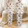 Women's Hand-Drawn Spirited Running Horses & Blush Rose Floral Pattern: Caramel, Periwinkle Grey Satin Pajamas Set - 1