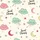 Women's Seamless Cute Sleeping Clouds Mint Green Pink Fuchsia Stars Crescent Moons on Pale Cream, Black 'Sweet Dreams' Script Satin Pajamas Set - 2