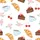 Dessert Lovers' Whimsical Watercolor Golden Croissant Blue Coffee Cake Cherry Pink Rose Pattern Satin Pajamas Set - 2