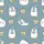 Women's Playful Light Blue Hat Penguin, Yellow Dog, & White Bow Head Repeating Pattern on Muted Blue-Gray Satin Pajamas Set - 2