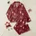 Women's Deep Red Illustrative Repeating Reindeer Snowflake Christmas Tree Pattern with Merry Christmas Script & Gold Antlers Satin Pajamas Set - 1