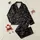 Newlywed Couples' Elegant 'Just Married Est. 2024' White Script Pattern, Red Hearts, Wedding Rings on Black Satin Pajamas Set - 1