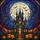 Gothic Art Enthusiasts' Stained Glass Haunted Mansion Full Moon Mosaic Teal Orange Design Stained Glass Suncatcher - 6