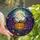 Autumn Art Fans Grinning Jack-o'-lantern Stained Glass Bat Wings Full Moon Orange Purple Teal Mosaic Stained Glass Suncatcher - 1