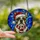 French Bulldog Lovers' Radiant Brindle Stained Glass Portrait: Santa Hat, Red Scarf, Blue Geometric Mosaic Stained Glass Suncatcher - muspkfotZl