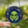 Sci-Fi Art Fans' Tiffany Glass Alien Head Vibrant Lime Green Deep Blue Cosmic Nebula Design Stained Glass Suncatcher - 2