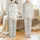 Women's Organic Grid Beige Linen Pajamas: Short Sleeve Boat Neck Sleep Set Satin Pajamas Set - 1