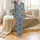 Seamless Batik Artwork: Stylized Bat Lotus Vine Repeat Pattern - Muted Indigo Design Satin Pajamas Set - 2