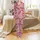 Women's Hand-Drawn Fuchsia Pink Feather & Muted Teal Charcoal Organic Flow Pattern Satin Pajamas Set - 2