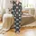 Cat Lovers' Whimsical Black White Grey Tabby Kitten Pattern with Sky Blue Eyes Holding Green Leaf Branch on Charcoal Satin Pajamas Set - 2