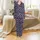 Women's Y2K Whimsical Hearts Lounge Set: Navy Animal Print Long Sleeve V-Neck Satin Pajamas Set - 2