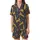 Women's Satin Pajama Set: Golden Ochre Leopard Poses - Navy Blue Short Sleeve Lapel Top & Shorts Satin Short-Sleeve Pajamas Set - 2