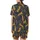 Women's Satin Pajama Set: Golden Ochre Leopard Poses - Navy Blue Short Sleeve Lapel Top & Shorts Satin Short-Sleeve Pajamas Set - 3