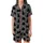 Cat Lovers' Whimsical Black Cat Silhouette Repeating Pattern Tiny Hearts White Dot Eyes Heather Dark Grey Satin Short-Sleeve Pajamas Set - 2