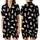 Cat Lovers' Whimsical Flat Illustrative Black Background Scattered Cartoon Cats White Tan Blue Pink Red Hearts Typography Satin Short-Sleeve Pajamas Set - 1