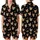 Cat Lovers' Black Whimsical Photo-Realistic Ginger Cat Faces & Hand-Drawn White Fish Skeletons Pattern Satin Short-Sleeve Pajamas Set - 1