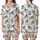 Cat Lovers' Whimsical Smiling Cartoon Kittens Black White Grey Striped Shaggy Fur Ink Splatter Sketch Art Satin Short-Sleeve Pajamas Set - 1