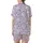 Cat Lovers' Whimsical Flat White Cartoon Cats, Black Paw Prints & Yarn Balls on Light Lavender Pattern Satin Short-Sleeve Pajamas Set - 3