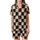 Cat Lovers' Whimsical Jet Black Peachy-Orange Checkerboard Cartoon Cat Heart Pattern Satin Short-Sleeve Pajamas Set - 2