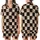 Cat Lovers' Whimsical Jet Black Peachy-Orange Checkerboard Cartoon Cat Heart Pattern Satin Short-Sleeve Pajamas Set - 1