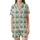 Nature Lovers' Gentle Illustrative Muted Blue-Grey Arched Window Pattern, Green Foliage, Aqua Teal & Ochre Birds Satin Short-Sleeve Pajamas Set - Fke6ey33Dn