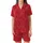Women's Vibrant Red Ostrich Feather Trim & Plume Pattern Luxurious Sleep Set Satin Short-Sleeve Pajamas Set - 2