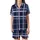 Classic Style Enthusiasts' Intricate Deep Navy Blue Tartan Plaid Pattern with Layered Sky Blue and Crisp White Grid Satin Short-Sleeve Pajamas Set - 2