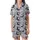 Gray Moon & Stars Pajama Sleep Set: Stylized Navy Crescent & Subtle Geometric Plaid Design Satin Short-Sleeve Pajamas Set - 2
